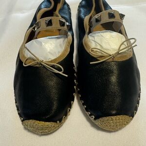 Valentino Garavani Black and Tan Ballerina with Rope Soles